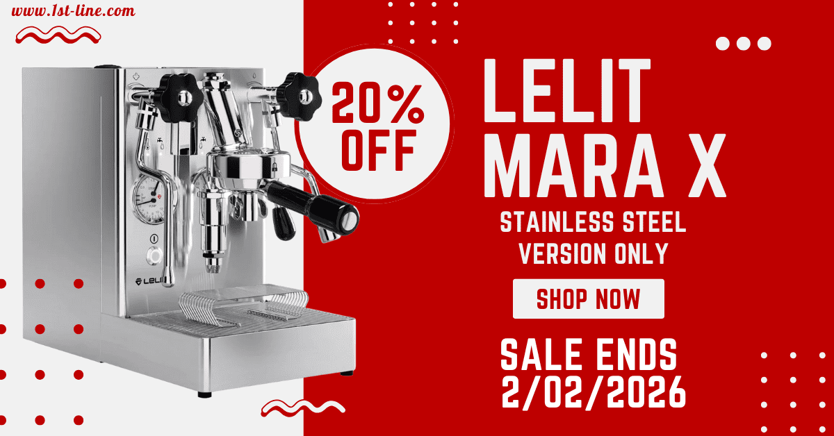 A premium stainless steel espresso machine is featured on the left. On the right, bold text reads &ldquo;20% OFF Lelit Mara X Stainless Steel Version Only,&rdquo; with a &ldquo;Shop Now&rdquo; button and &ldquo;Sale ends 2/02/2026&rdquo; in red and white colors. Espresso Machines sale!.