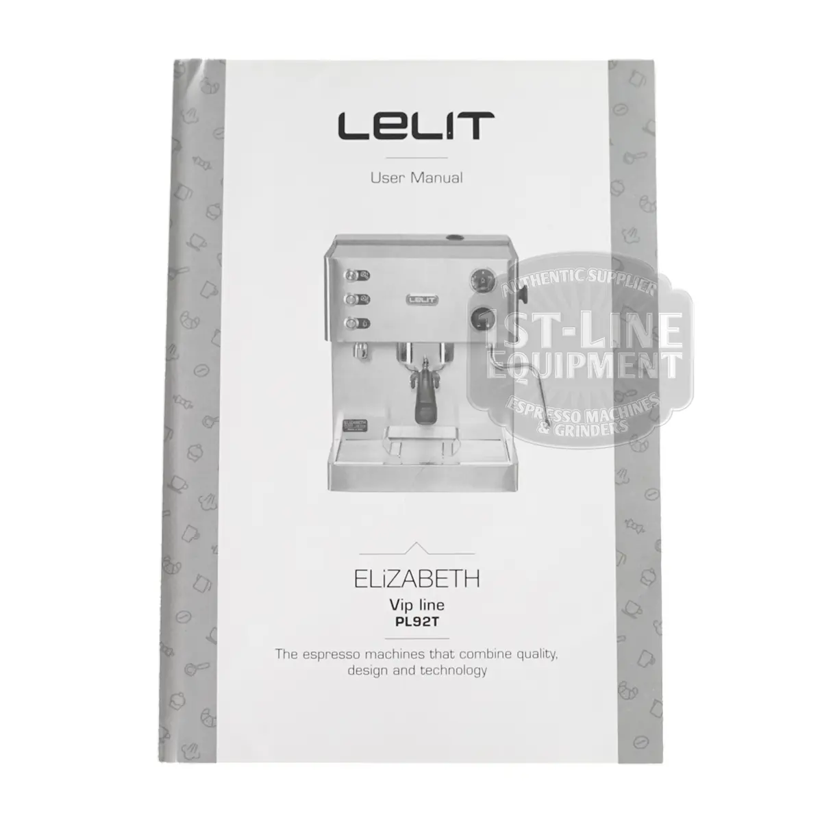 Front cover of the Lelit 7800034 Elizabeth PL92T User Manual, showing a black-and-white espresso machine illustration, the Lelit logo, and the title "Elizabeth Vip line PL92T" with descriptive text underneath.