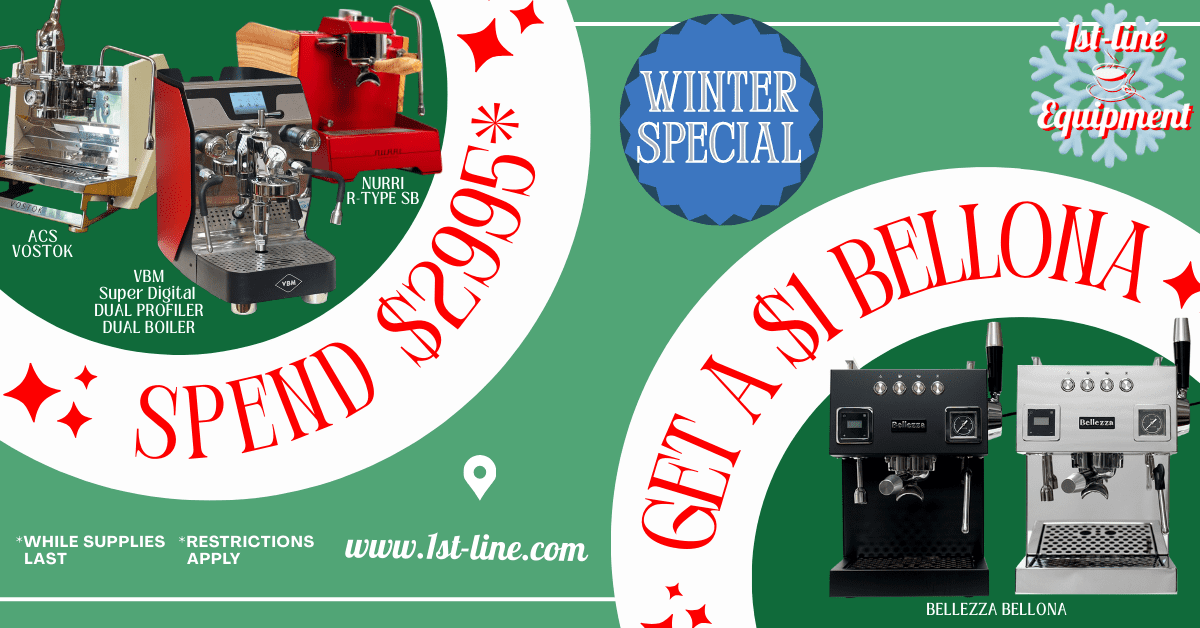 Promotional banner: Enjoy winter sales&mdash;spend $2995 on select espresso machines and get a Bellezza Bellona machine for just $1. Features images of four machines and the latest deals. Terms and our website listed.