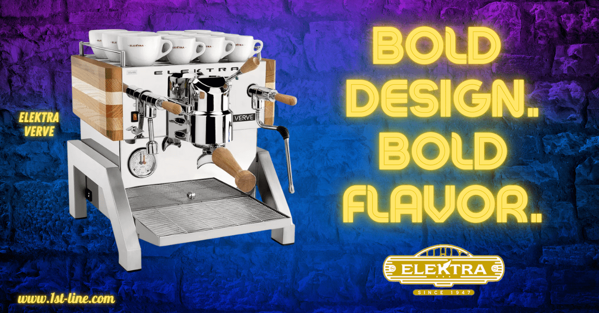A modern Elektra Verve espresso machine with wooden accents sits on a counter, topped with espresso cups. Neon yellow text reads BOLD DESIGN. BOLD FLAVOR. on a vibrant blue and purple background&mdash;spotlight your sales or deals today.