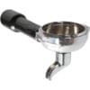 USED 1-Cup Portafilter for E61 Grouphead with black handle, ideal for holding coffee grounds and brewing espresso.