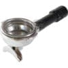 USED 2-Cup Portafilter for E61 Grouphead, metal construction with black handle, filter basket, and dual spouts for coffee dispensing.