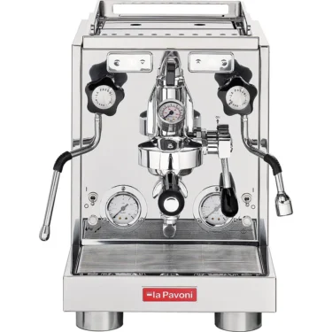 Front view of the La Pavoni Botticelli Evolution Dual Boiler Espresso Machine w/ Flow Control, featuring stainless steel finish, dual gauges, steam and hot water wands, multiple knobs, and the La Pavoni logo at the bottom front.