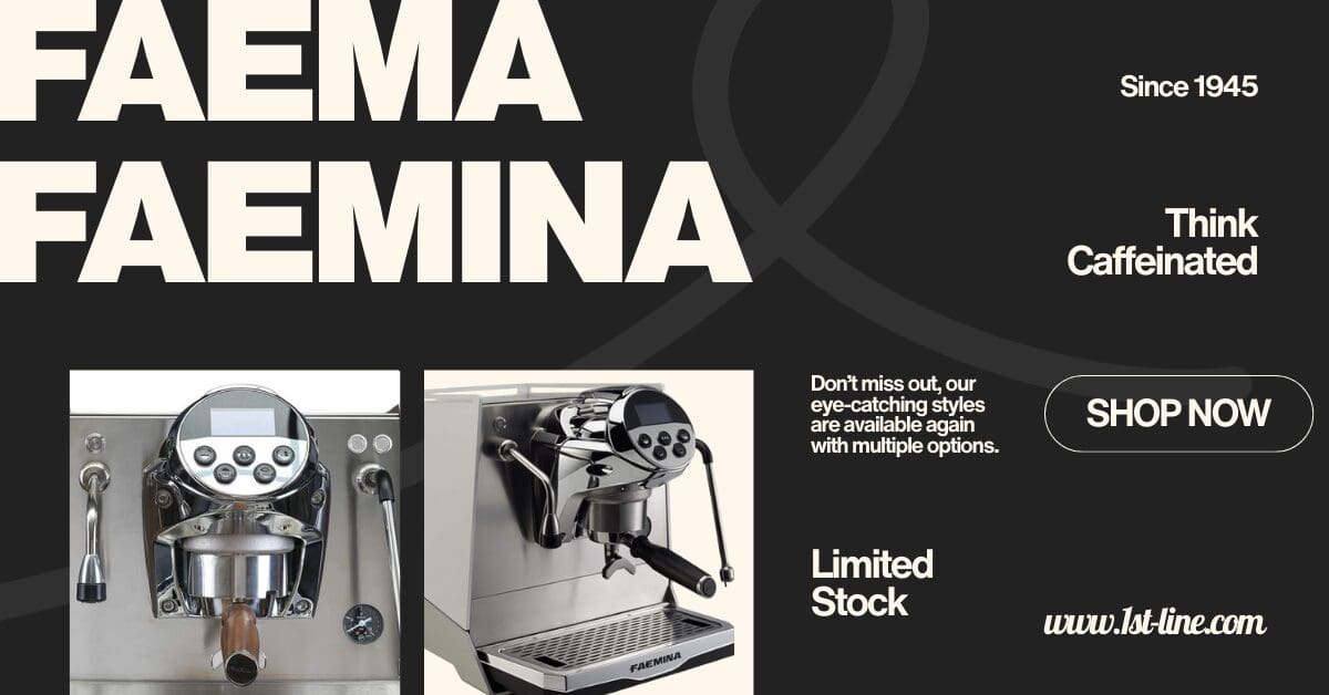 Advertisement for FAEMA FAEMINA espresso machines, featuring two images of the machines, special sales and limited stock deals, plus a &ldquo;Shop Now&rdquo; button. The design showcases a striking black and beige color scheme.