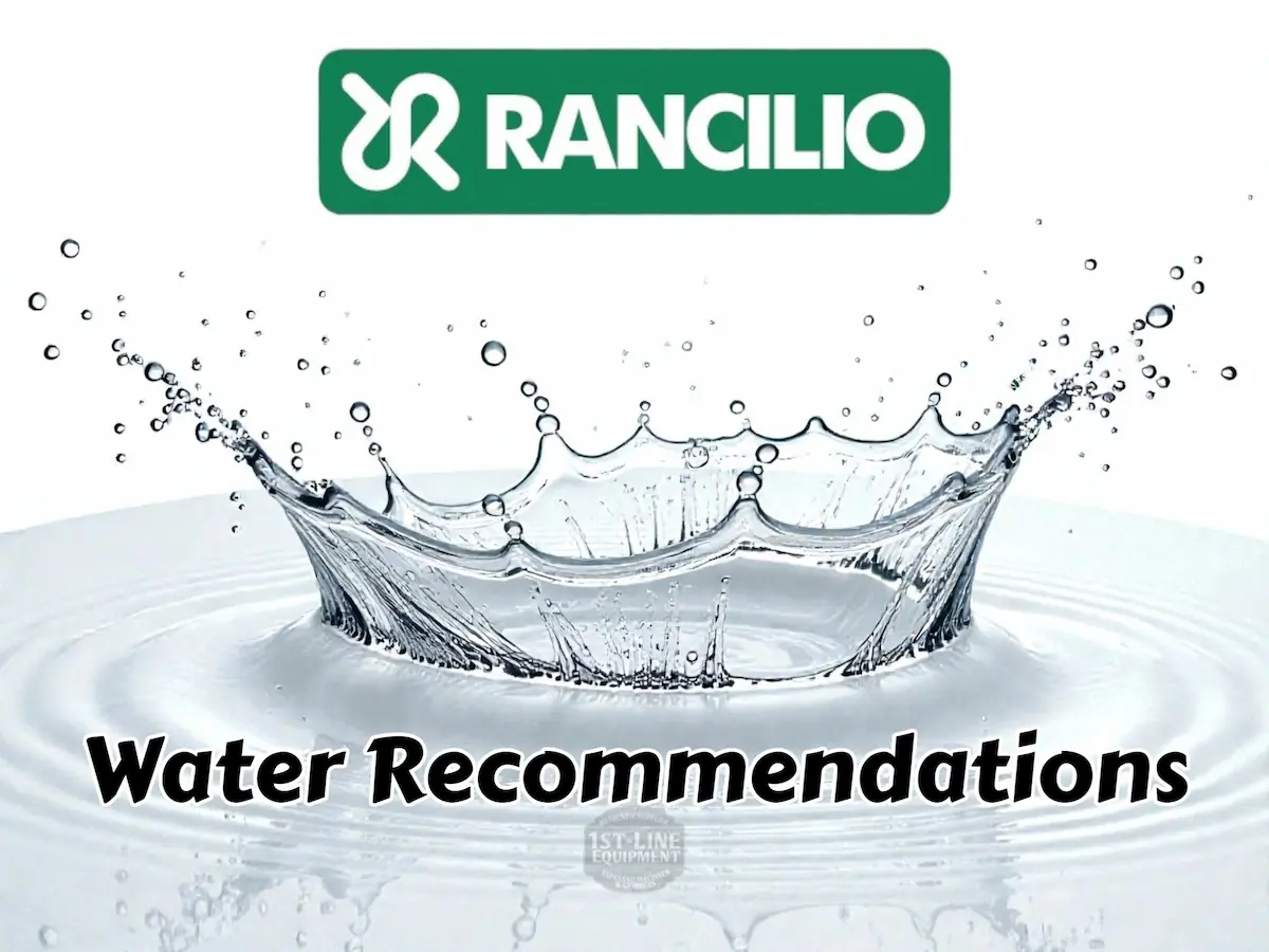 A large splash of water forms a crown shape. Above it is the Rancilio espresso machine logo in green and white, and below it are the words Water Recommendations in bold black text.