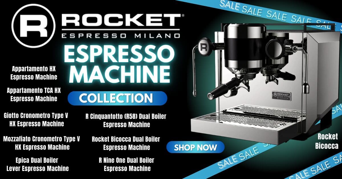 Promotional banner for Rocket Espresso Milano machines, featuring a silver espresso machine on the right, product list on the left, and &ldquo;SHOP NOW&rdquo; and &ldquo;SALE&rdquo; banners highlighting exclusive deals and sales on a sleek blue and black background.