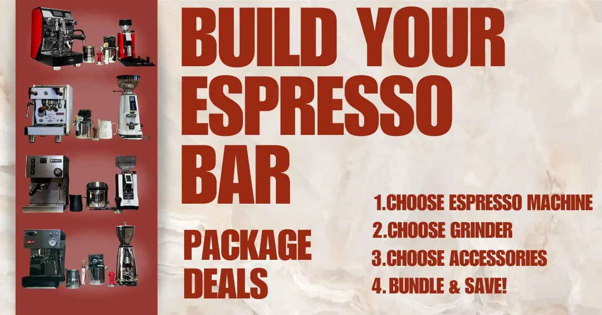 Promotional graphic for premium espresso bar package deals features various espresso machines and espresso grinders on the left and bold text on the right: Build Your Espresso Bar. 1. Choose Espresso Machine 2. Choose Grinder 3. Choose Accessories 4. Bundle & Save!.