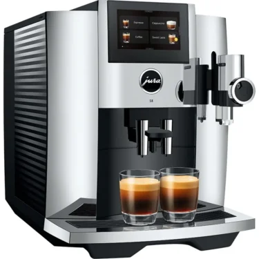 The Jura S8 Super-Automatic Espresso Machine features a digital display, stainless steel and black design, and can serve two espresso shots at once with dual coffee spouts.