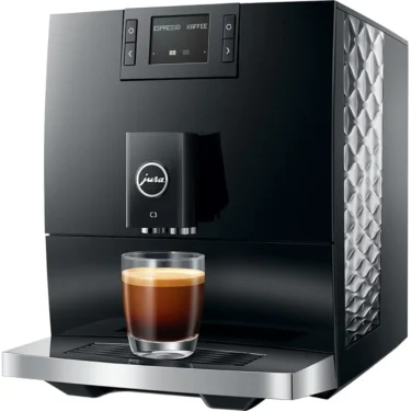 A sleek black Jura C3 Super-Automatic Espresso Machine with a digital display panel and a cup of espresso on the drip tray, set against a plain background.