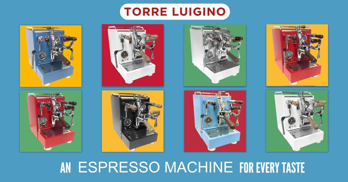 Four premium espresso machines in blue, white, black, and red are displayed in colored squares. The text reads “Torre Luigino” and “An espresso machine for every taste” on a teal background.