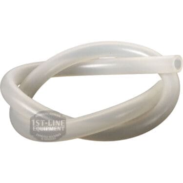 A coiled, translucent ACS VES100/L Silicone Drain Pipe M8x12 with one open end is shown on a white background, featuring the partially visible 1ST-LINE EQUIPMENT logo on the tube.