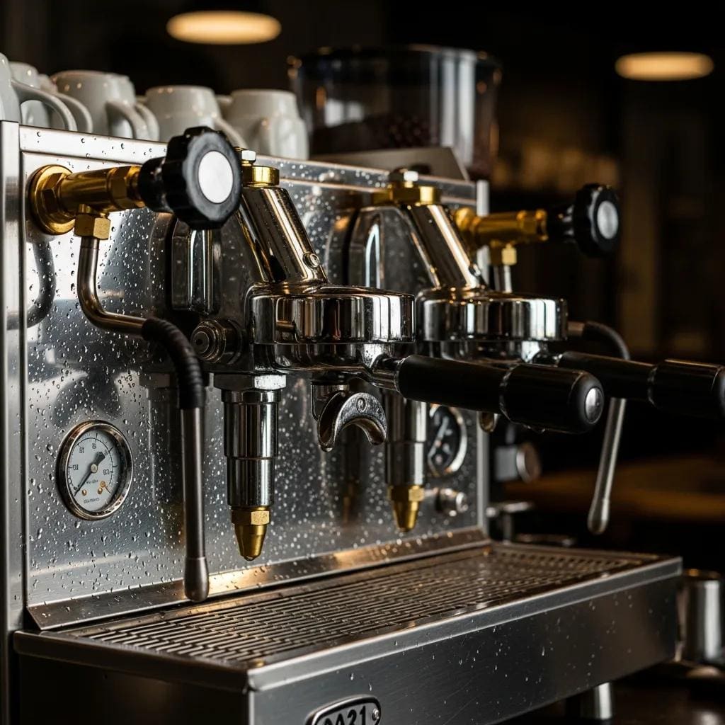 Close-up of an Italian espresso machine highlighting its craftsmanship and high-quality materials