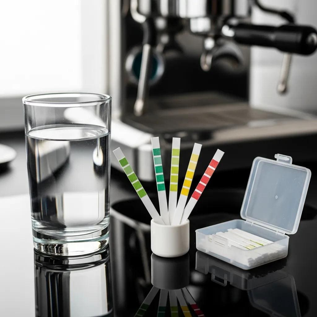 Close-up of water testing kit with test strips and glass of water, highlighting minerals in espresso preparation