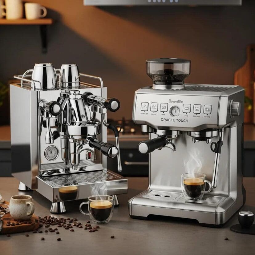 Comparison of Italian and Breville espresso machines on a kitchen countertop with coffee beans and a cup of espresso
