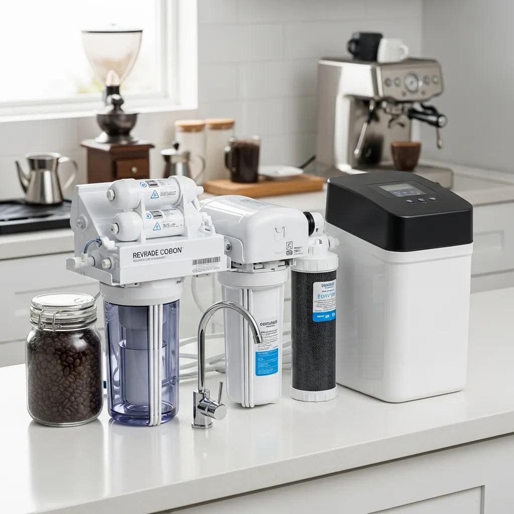 Display of water filtration systems for espresso machines, showcasing options for maintaining water quality