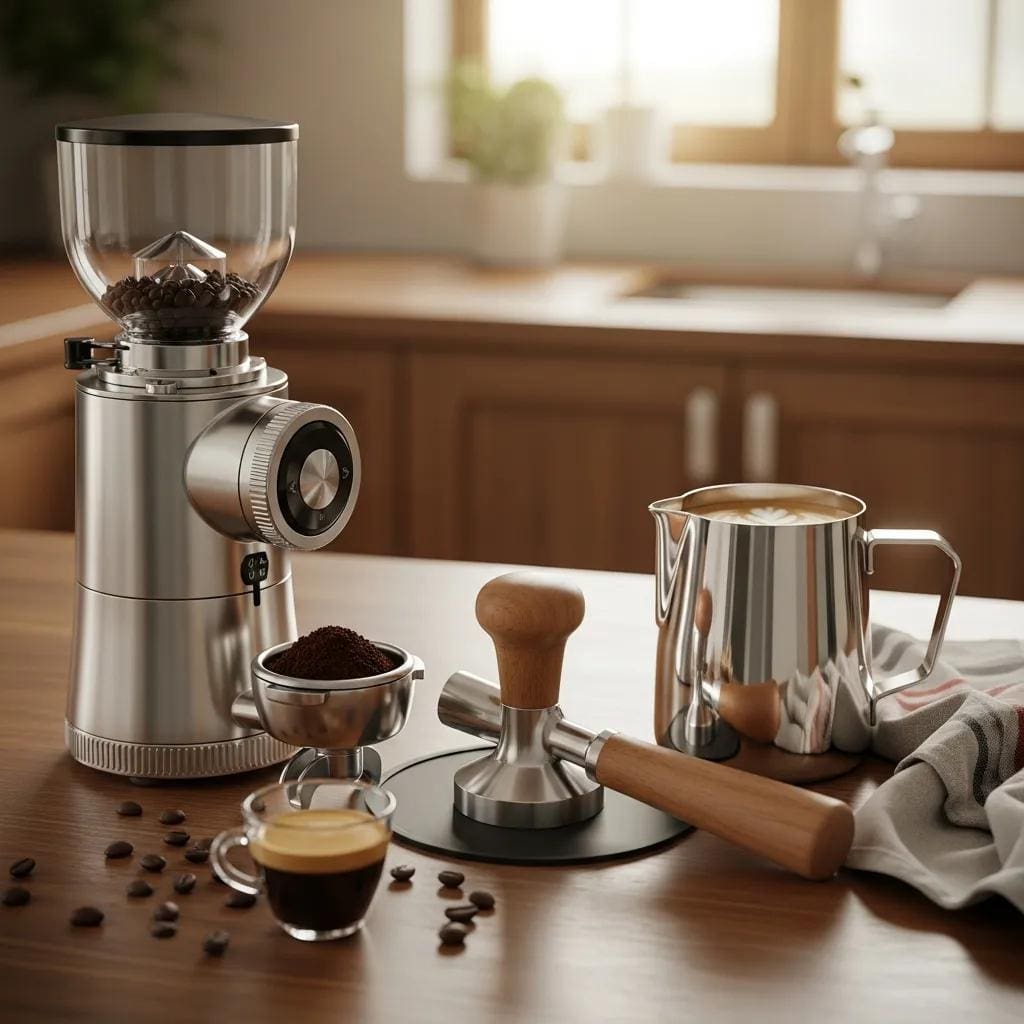 Essential espresso accessories: coffee grinder, tamper, and milk frother on a kitchen counter