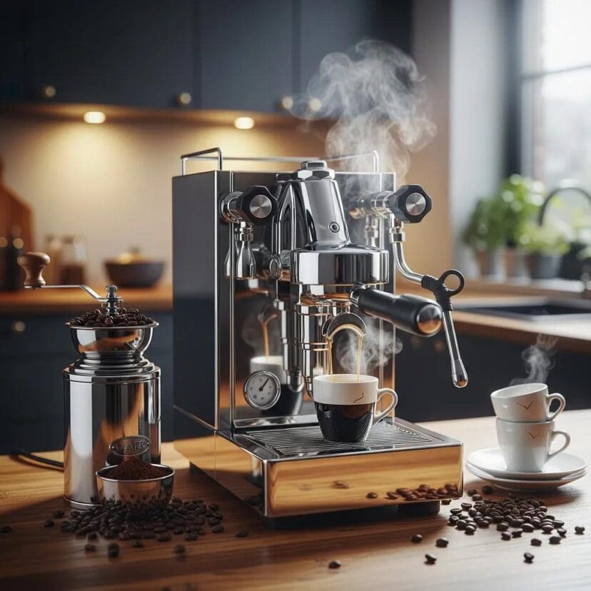 Modern espresso machine on a kitchen countertop with coffee beans and a steaming cup of espresso