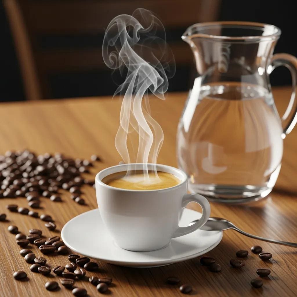 Steaming cup of espresso with coffee beans and water pitcher, emphasizing water quality for espresso