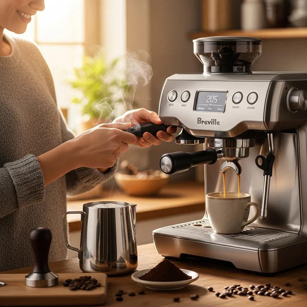 User operating a Breville espresso machine in a cozy kitchen, showcasing its user-friendly features