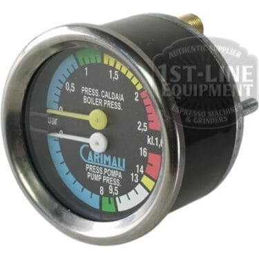 The Carimali (95.01545) Double Scale Pressure Gauge is a round gauge with colored sections for measuring boiler and pump pressure in bars, labeled “PRESS. CALDAIA/BOILER PRESS.” and “PRESS. POMPA/PUMP PRESS.”.