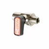 Close-up of Carimali (95.05048.00.19) Ball Tap MM 1/4 1/8 NSF, a metal valve with threaded ends and a black/red lever handle, often used on Carimali machines. NSF certified for safety.