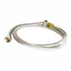 The Carimali (95.05261) Feed Pipe with Elbow features a flexible silver braided design, brass fittings on each end, and a center valve attachment, coiled in a circular shape against a white background.