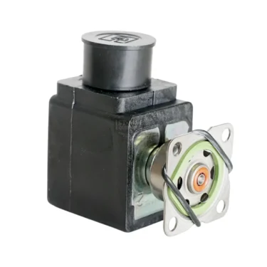 A close-up of a black, box-shaped Carimali (96.05051.00.17) Solenoid Valve 120V with a circular metal mounting plate and spring clip attached to the front.