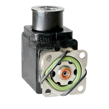 Close-up of a Carimali (96.05051.00.23) Solenoid Valve 230V in black and silver, featuring a green gasket and metal clips, set against a white background.