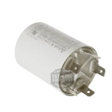 A cylindrical white Carimali (96.05063) Anti-Noise Filter electrical capacitor with four metal prongs and specs printed on its side is shown on a white background.