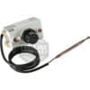 The Carimali (96.05154) Single-Phase Safety Thermostat offers precise 161-degree control, with a black dial, two red indicator lights, and an attached flexible sensor probe featuring a metallic tip.