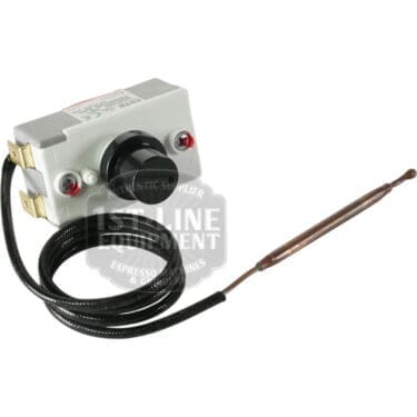 The Carimali (96.05154) Single-Phase Safety Thermostat offers precise 161-degree control, with a black dial, two red indicator lights, and an attached flexible sensor probe featuring a metallic tip.