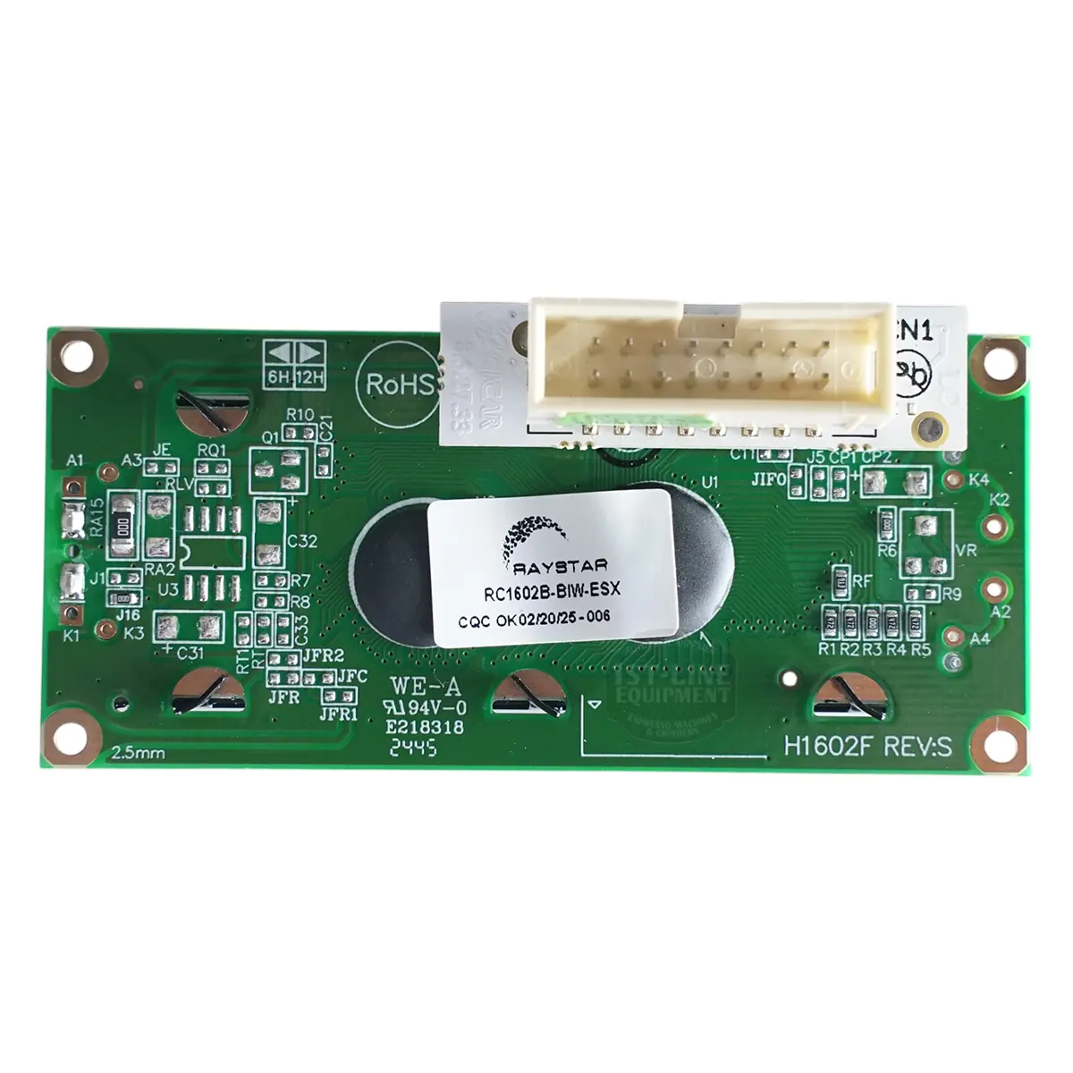The Carimali (96.05459) Cento/Bubble Display Board features a green PCB with multiple electronic components, a white top connector, and a central Raystar label, designed specifically for Carimali Cento machines.