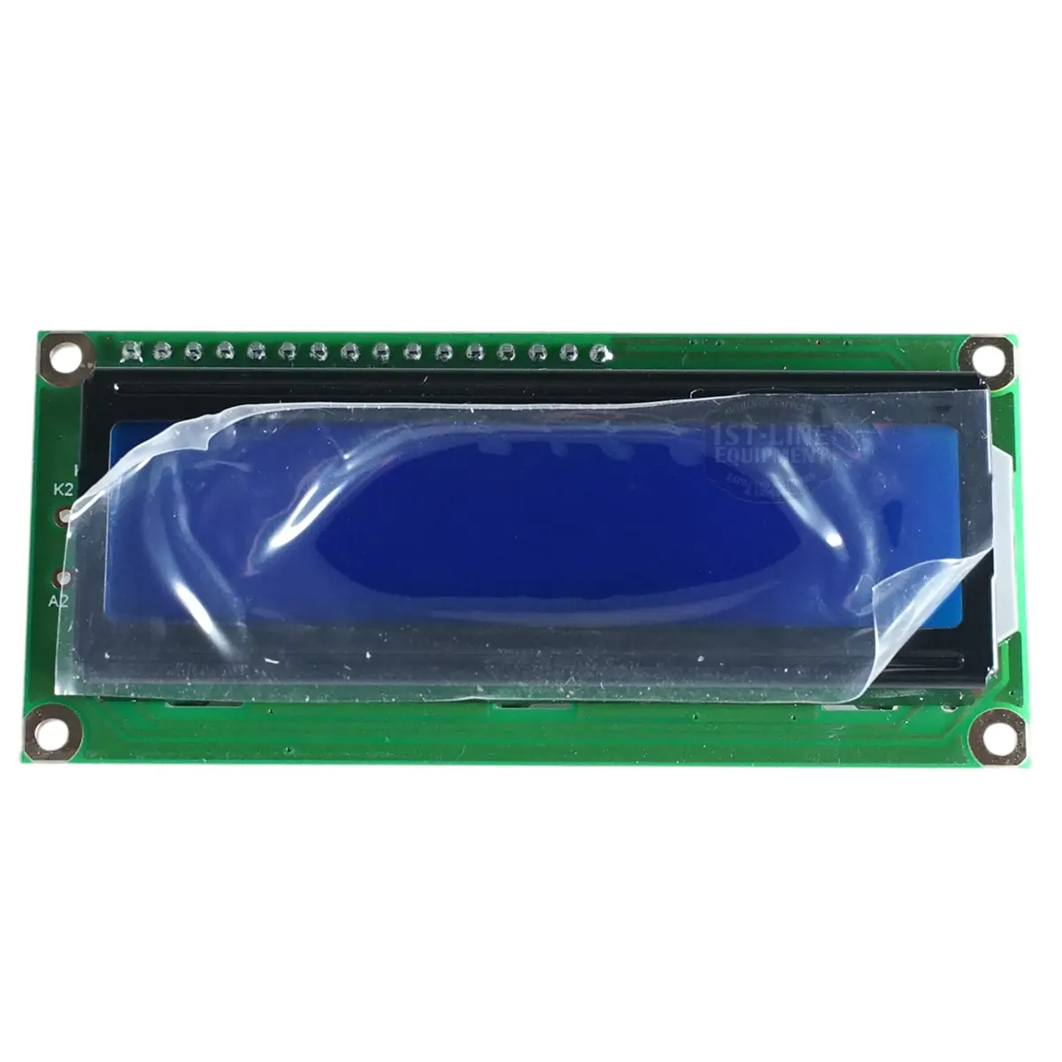 A Carimali (96.05459) Cento/Bubble Display Board: rectangular green board with a blue LCD screen partially covered by protective film, featuring a row of metal pins along the top edge.