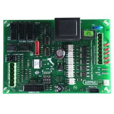 The Carimali (96.05460.00.42) Cento/Bubble 120V Machine Board is a green PCB with chips, connectors, terminal blocks, and a transformer, designed specifically for the Cento/Bubble 120V machine.