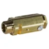 The Carimali (97.00148) Safety Valve 1.9Bar is a brass check valve with threaded ends and a hexagonal body, engraved with product details, designed to control fluid flow in piping systems.