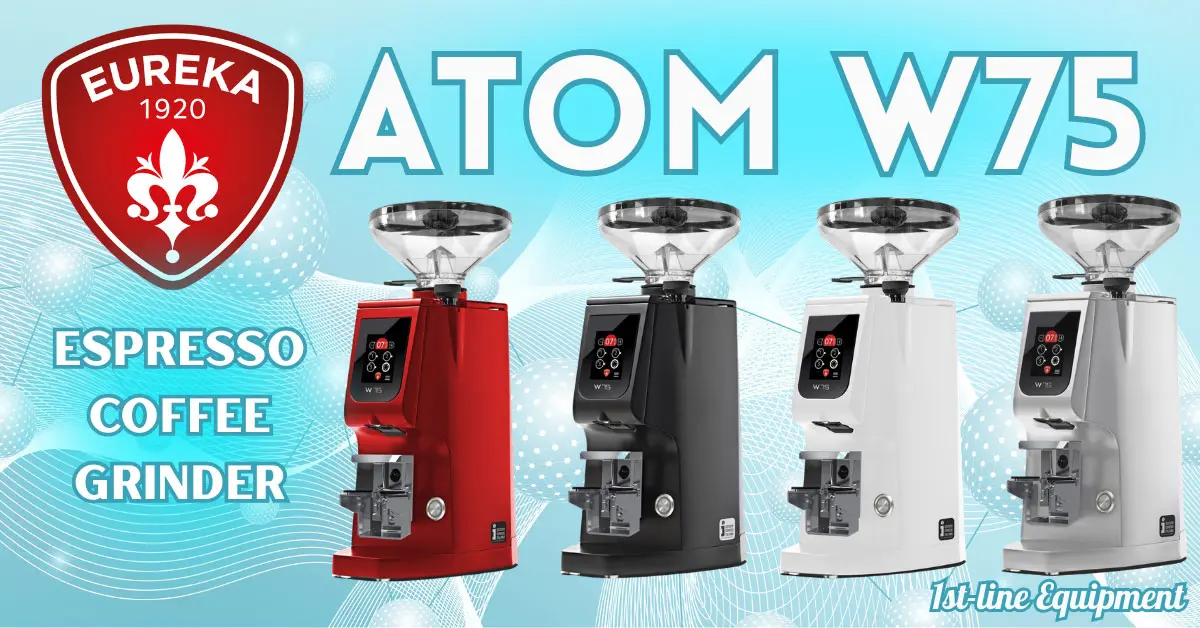 A vibrant Website Banner displays four Eureka Atom W75 espresso coffee grinders in red, black, gray, and white under bold blue text. The Eureka logo and ESPRESSO COFFEE GRINDER are set on a patterned blue background to enhance your Home Page.