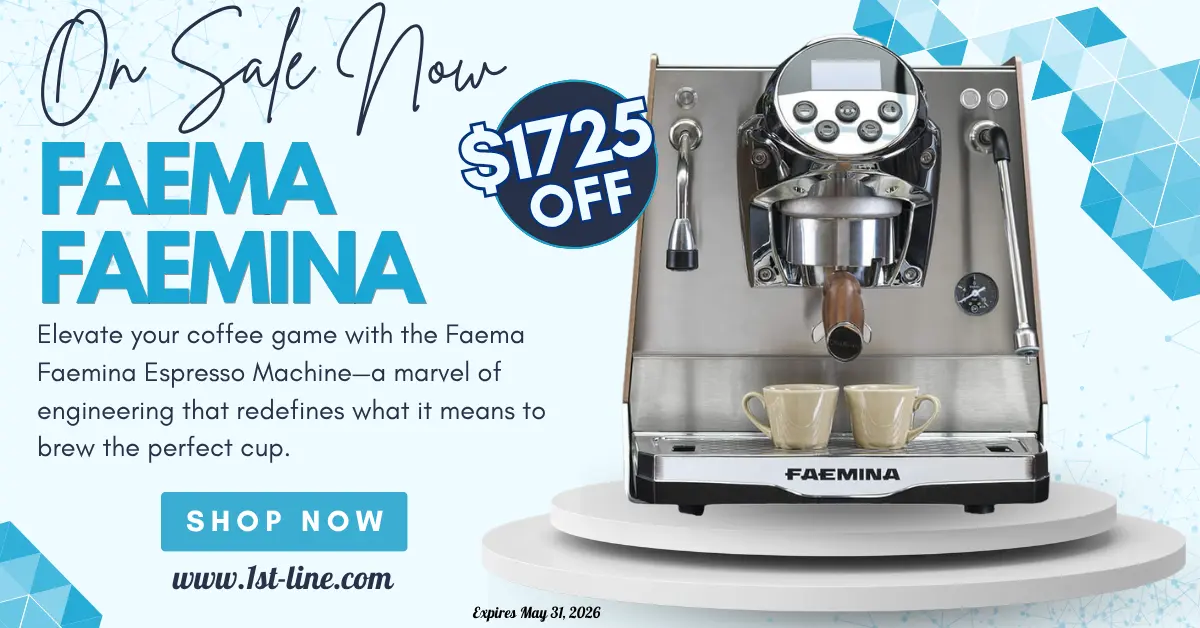 A silver Faema Faemina espresso machine with two cups is featured on a blue and white rotating homepage banner. Text highlights a $1725 discount, On Sale Now, and a call-to-action to shop at www.1st-line.com.