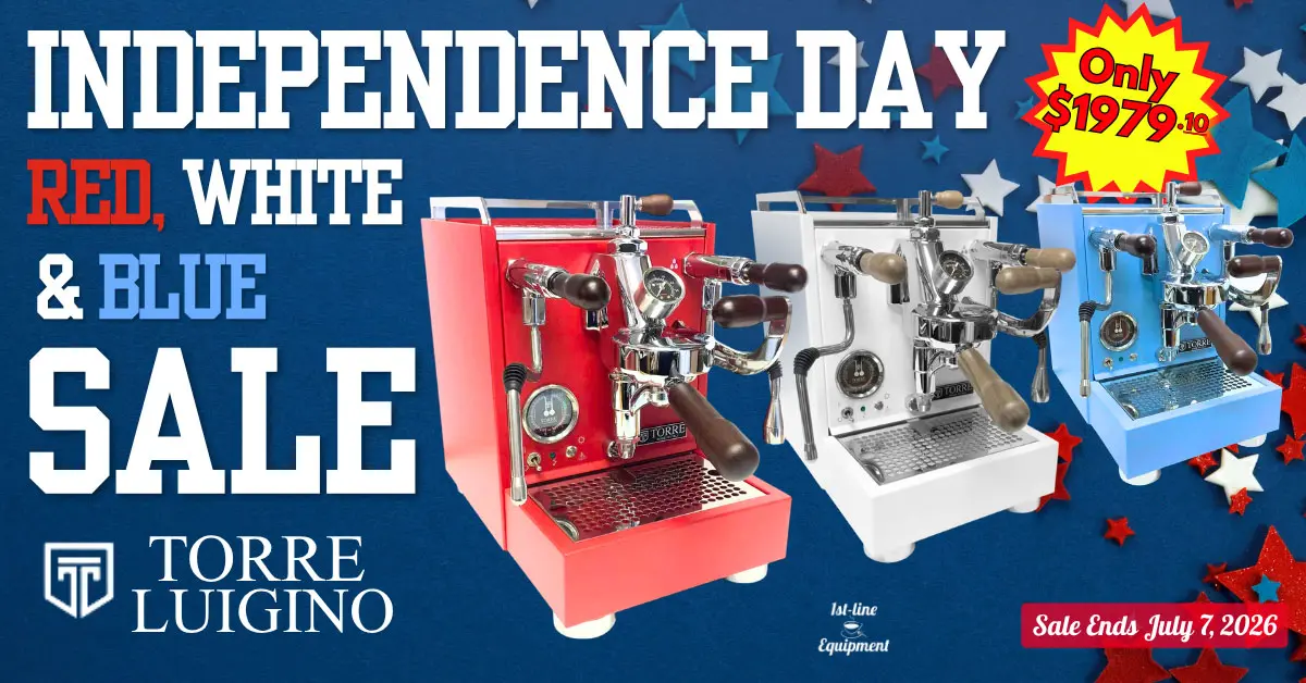Celebrate Independence Day with our Rotating Home Page Banner—Torre Luigino espresso machines in red, white, and blue for just $1979! Sale ends July 7, 2026. Blue, white, and red stars dazzle the background.