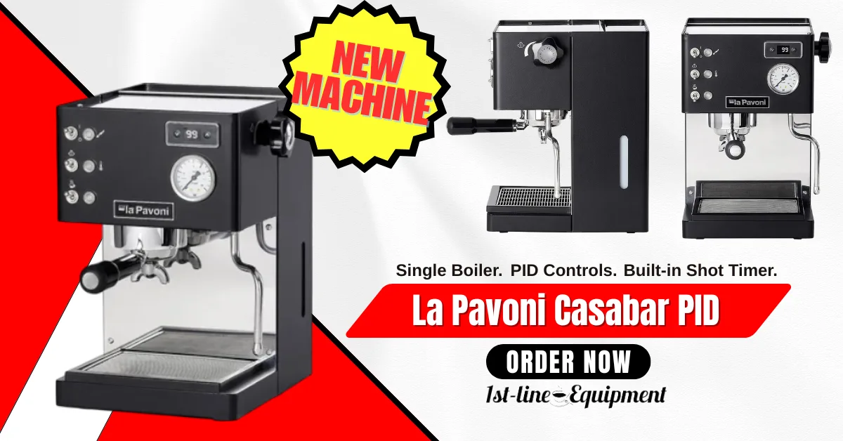 Three images of the La Pavoni Casabar PID espresso machine appear in a Rotating Home Page Banner, featuring a NEW MACHINE graphic and key highlights like a single boiler, PID controls, a shot timer, and an Order Now prompt.