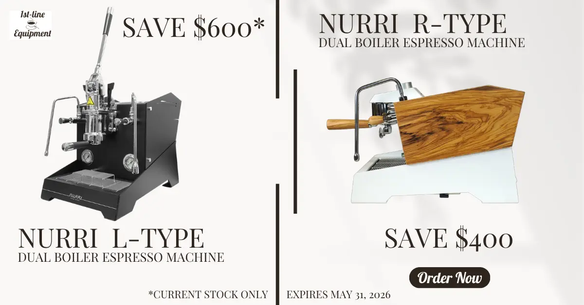 Rotating Homepage split image ad: Left side shows a black Nurri L-Type dual boiler espresso machine with Save $600* above it. Right side features a white and wood Nurri R-Type with Save $400. Both promotions expire May 31, 2026.