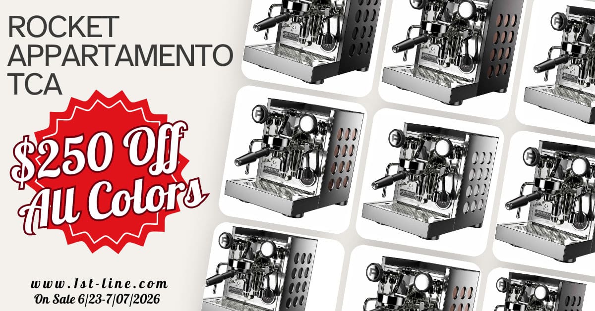 Nine Rocket Appartamento TCA espresso machines arranged in a diagonal grid, with a red starburst displaying $250 Off All Colors and sale details at the bottom left—perfect for a striking Rotating Home Page Banner.
