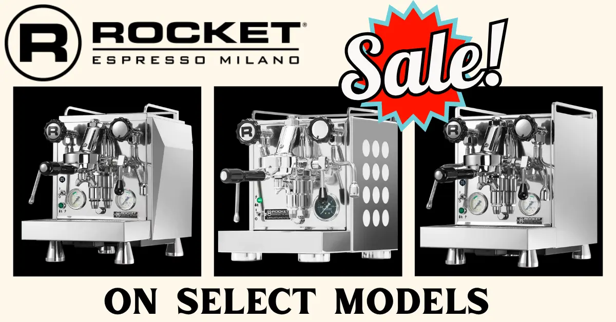 Three Rocket Espresso machines are featured in a Rotating Home Page Banner with a Sale! graphic above them and ON SELECT MODELS below, highlighting special offers on select Rocket Espresso Milano machines.