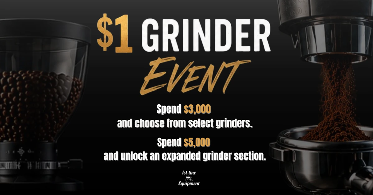 Rotating homepage banner for a $1 Grinder Event features coffee beans in a grinder and fresh grounds. Highlights: spend $3,000 to choose from select grinders, or $5,000 for an expanded selection—in-line equipment only.