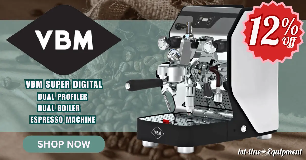 A VBM Super Digital espresso machine is featured in a rotating homepage banner with a 12% off badge. Text highlights its dual profiler and dual boiler features. A Shop Now button sits below, with coffee beans in the background.