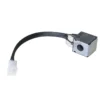 The Elektra 06322059 Grouphead Wired Coil 240V features a metallic solenoid with black braided wire and a white plastic connector, ideal for use in Elektra grouphead assemblies. Set against a white background.