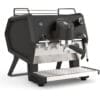 The Sanremo D8 ONE 1 Group HX Espresso Machine 110V in black and stainless steel features a digital display, steam wand, and portafilter, and is set on a metal drip tray against a white background.