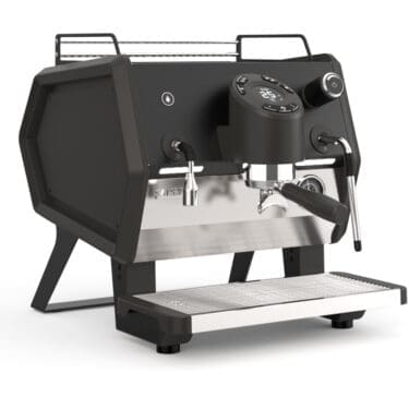 The Sanremo D8 ONE 1 Group HX Espresso Machine 110V in black and stainless steel features a digital display, steam wand, and portafilter, and is set on a metal drip tray against a white background.
