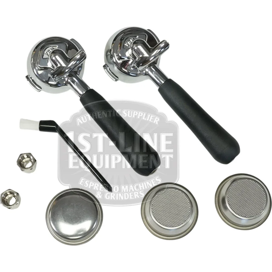Two black-handled espresso portafilters, two metal baskets, a small brush, two metal fittings, and two filter screens&mdash;essential accessories for your VBM Lollo Electronic 1 Group HX Espresso Machine&mdash;are arranged on a white surface.