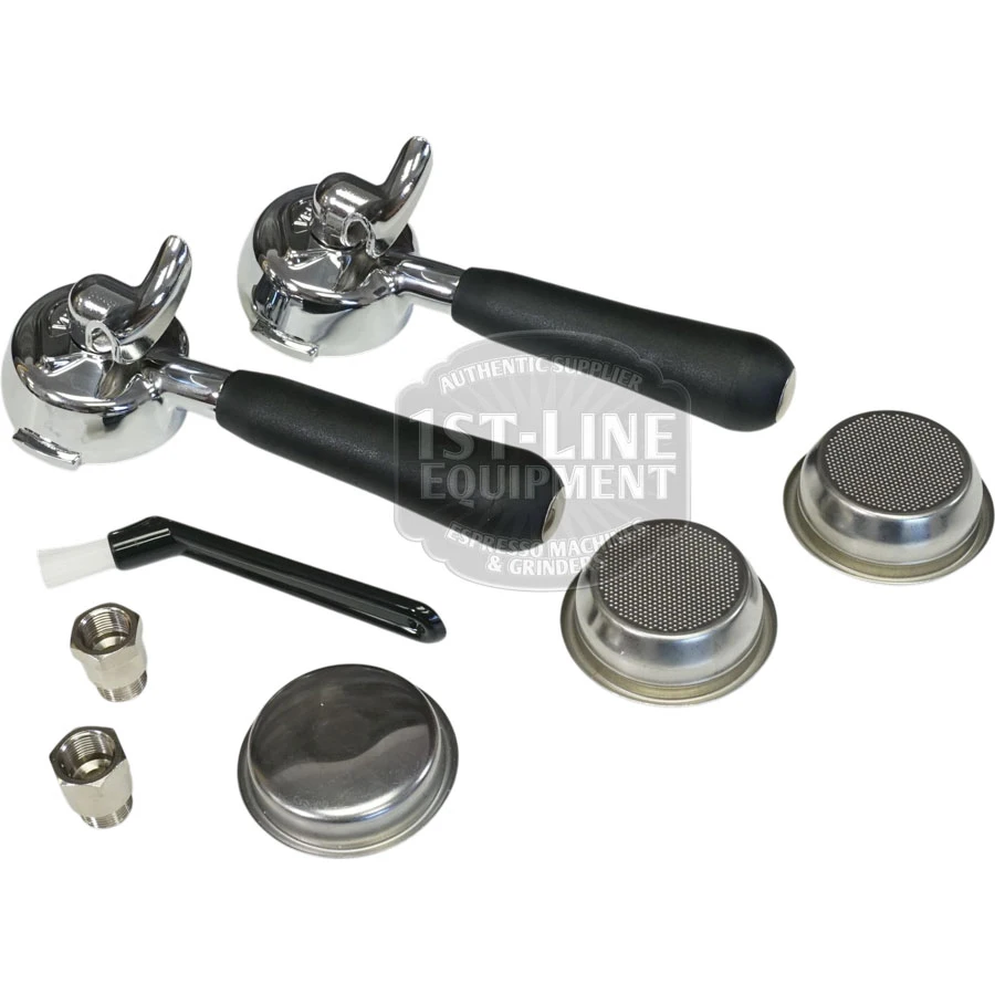 Two espresso portafilters with black handles, three metal filter baskets, a cleaning brush, two small metal parts, and one round metal disk are arranged on a white surface&mdash;perfect accessories for your VBM Lollo Electronic 1 Group HX Espresso Machine - 110V.