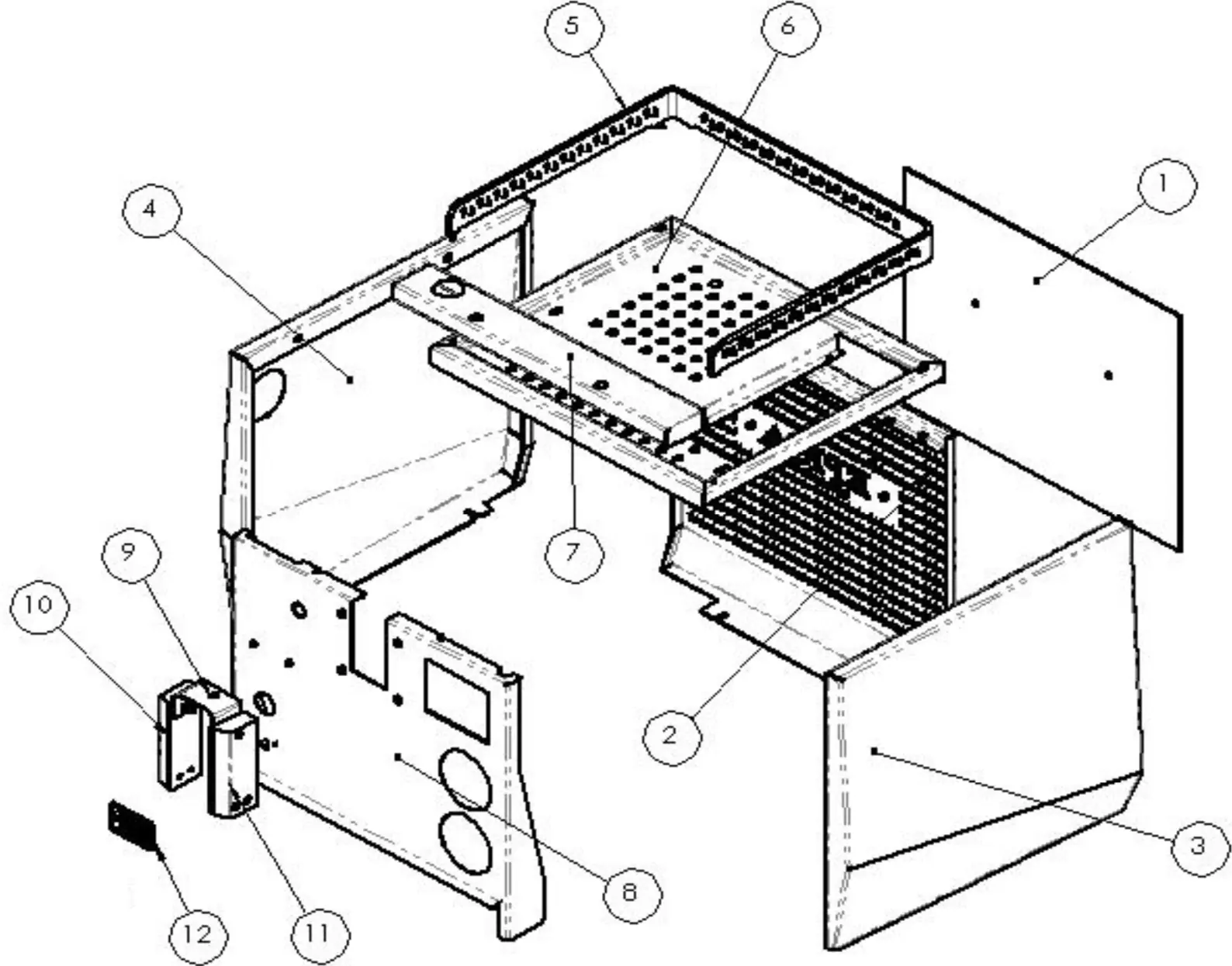 Exploded Parts Diagram of a Rocket Epica metal electronic enclosure showing numbered components—side panels, top cover, brackets, screws, and mounting parts—each part separated and labeled for assembly reference.
